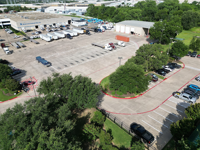 Aerial view of the Bilbo yard with trucks, trailers and shop building