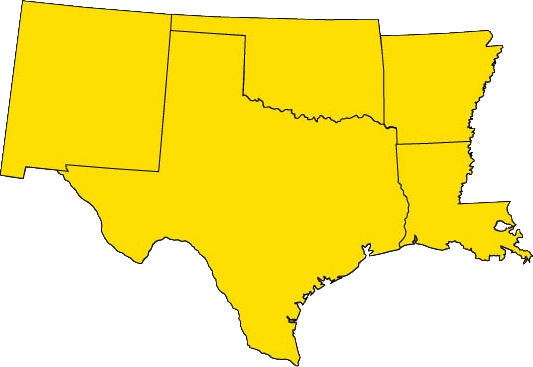Map of the Bilbo hiring area: Texas, Oklahoma, Arkansas, Louisiana and New Mexico highlighted in yellow