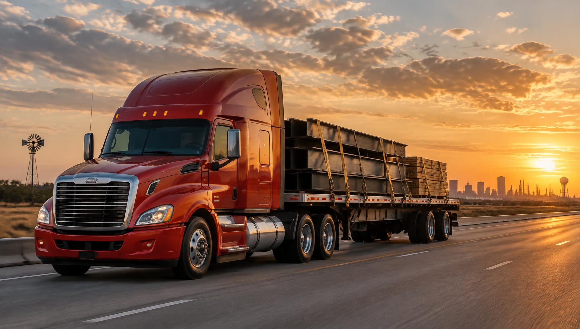 Modern flatbed tractor-trailer loaded with steel and lumber on a Texas highway