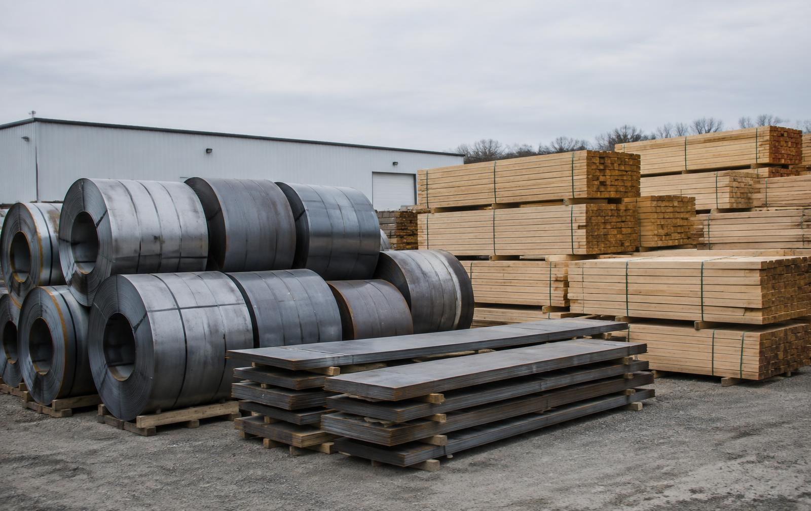 Steel coils, sheet metal and bundled lumber at a building-material yard