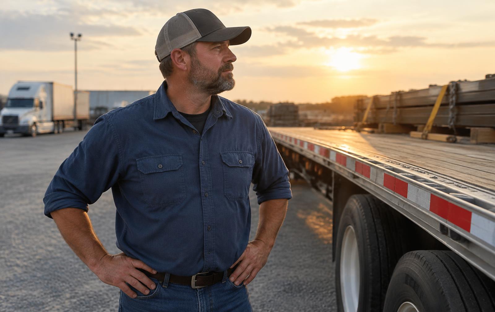 Professional driver beside a flatbed trailer at a freight yard